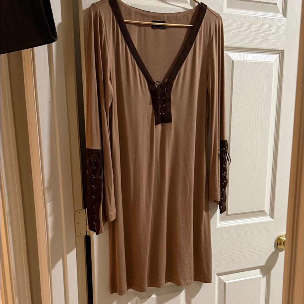 Elegant Long Sleeve Brown Dress with suede like ties - comfort